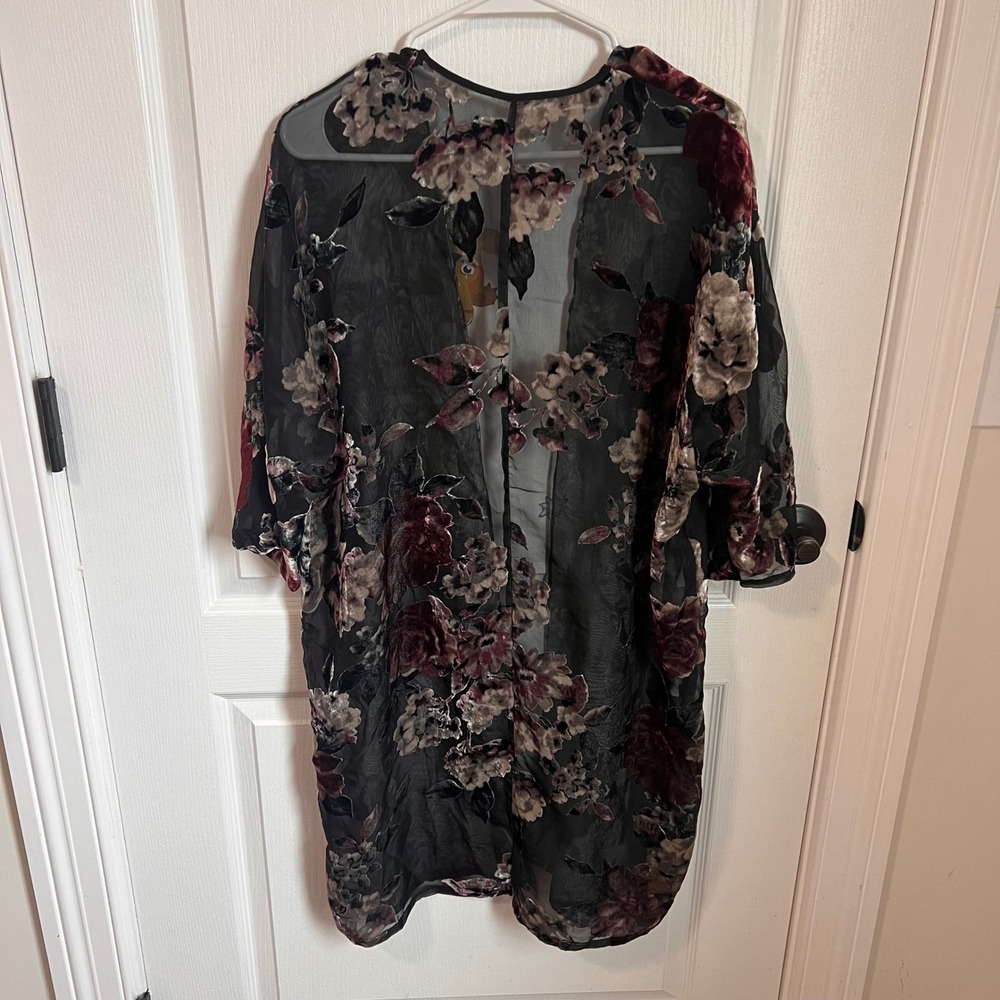 Three Eighty Two Black Floral Velvet Burnout Kimono Duster Cardigan Jacket M - Picture 6 of 8